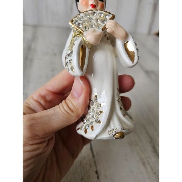Lefton vintage geisha lady fan statue figurine rhinestone Japanese - Picture 7 of 8